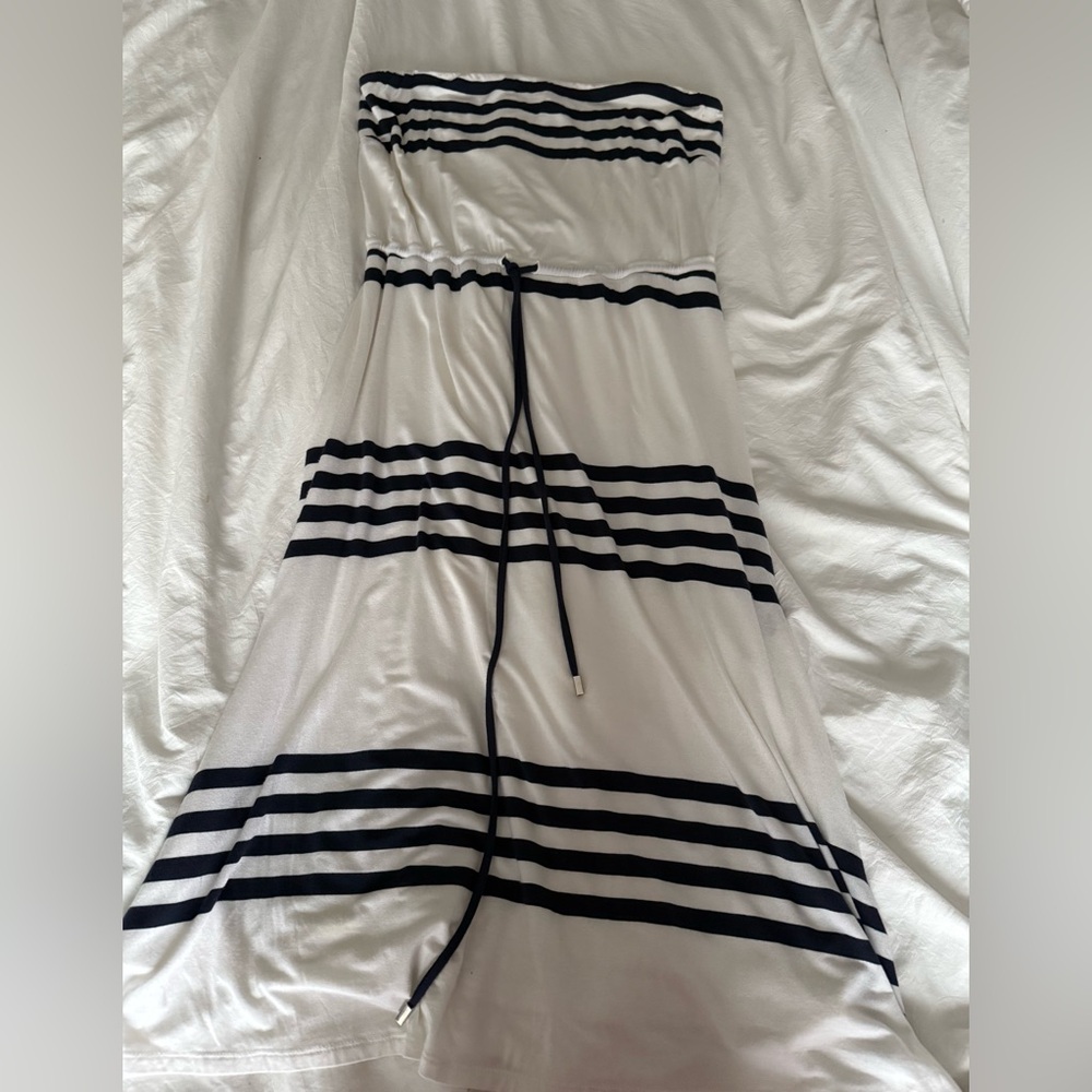 Banana Republic Strapless Navy White Striped Midi Dress Size L Nautical Stretch